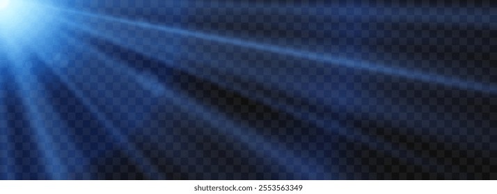 Sun light glare background. Blue bright sunshine light rays and beams on dark surface. Light sunburst scene wallpaper for banner, mockup, template, overlay, poster. Vector