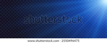 Sun light glare background. Blue light sunburst scene wallpaper for banner, mockup, template, overlay, poster. Bright sunshine light rays and beams on dark surface. Vector