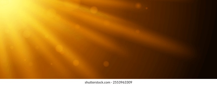 Sun light glare and leak background. Natural warm light sunburst scene wallpaper for banner, mockup, template, overlay, poster. Bright sunshine light rays and beams on dark backdrop. Vector