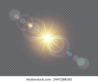 Luz del sol que brilla Ilustración vectorial realista. Efecto de luz solar. Chispa brillante con elemento 3d halo sobre fondo transparente