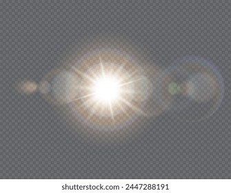 Sun light glaring blast realistic vector illustration. Sunlight shining effect. Bright spark with halo 3d element on transparent background