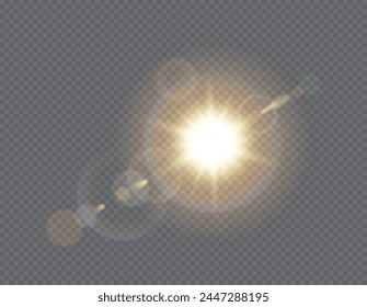 Sun light glaring blast realistic vector illustration. Sunlight shining effect. Bright spark with halo 3d element on transparent background
