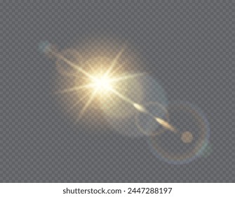 Sun light glaring blast realistic vector illustration. Sunlight shining effect. Bright spark with halo 3d element on transparent background