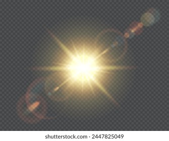 Sun light glaring blast realistic vector illustration. Sunlight shining effect. Bright spark with halo 3d element on transparent background