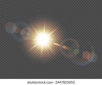 Sun light glaring blast realistic vector illustration. Sunlight shining effect. Bright spark with halo 3d element on transparent background