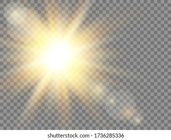 Sun light. Golden glowing light effect on transparent background. Sunshine with rays. Sunlight lens flash. Magic banner. Summer sunny backdrop. Vector illustration.