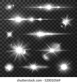 Sun light with lens flare effect, shining star, glowing sparkles with radial light rays. Transparent light effects and flares for art design