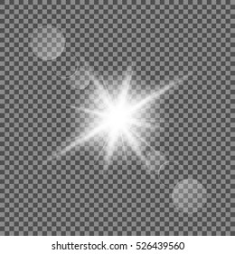 Sun light with lens flare effect, shining star on transparent background.