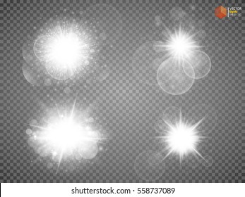 Sun light with lens flare effect, shining star, glowing sparkles with radial light rays. Transparent light effects and flares for art design