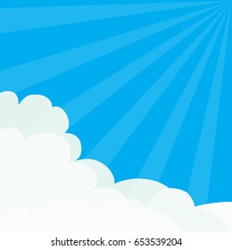 Sun light rays burst. Blue sky. Sunshine Fluffy Cloud in corners frame template. Cloudshape. Cloudy weather. Flat design. Background. Vector illustration