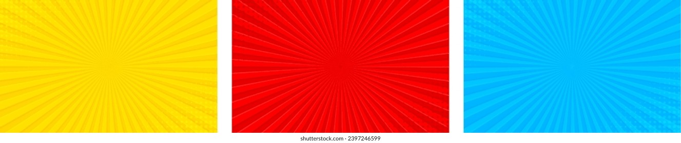 Sun light rays sun pop art Retro vintage style background with red, blue and yellow color. Comic book pop art strip radial backdrop halftone Abstract summer sunny Vintage radial background.