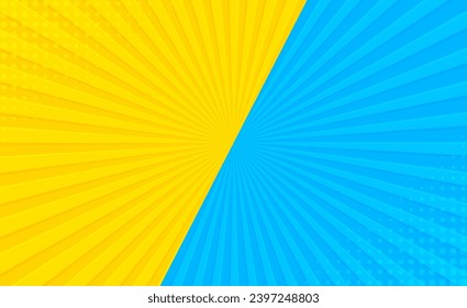 Sun light rays sun pop art Retro vintage style background with blue and yellow color. Comic book pop art strip radial backdrop halftone Abstract summer sunny Vintage radial versus background.