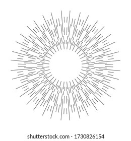 Sun light rays or star burst isolated on white background. Black radial lines. Speed graphic, creative design. Explosion round shape. Vector template vintage logo, emblem. Irregular, chaotic beams