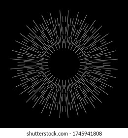 Sun light rays or star burst isolated on black background. White radial lines. Speed graphic, creative design. Explosion round shape. Vector template vintage logo, emblem. Irregular, chaotic beams