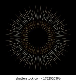 Sun light rays or star burst isolated on black background. Colored radial lines. Speed graphic, creative design. Explosion round shape. Vector template vintage logo, emblem. Irregular, chaotic beams