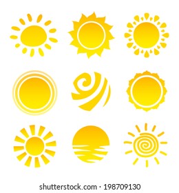 Sun light summer heat yellow beam stars icons set isolated vector illustration