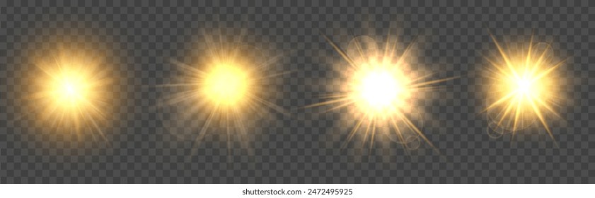 Luz solar. La luz del sol brilla estrellas especiales destellos de lentes y destellos de luz dorada efecto destello. Conjunto de Vector aislado sobre fondo transparente