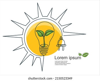 Sonne mit Glühbirne und Stecker wie eine Pflanze in einer Zeichnung. Sparen Sie Energiekonzept im minimalistischen Stil. Kann für Logo, Emblem, Diashow und Banner verwendet werden. Vektorgrafik