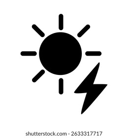 Sun and lightning icon vector, energy and electricity concept symbol for solar power, heat and electric hazard sign
