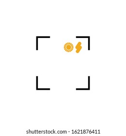 sun and lightning. simple outline icon. linear symbol with thin outline. Yellow object in camera autofocus on dark background. Stock vector illustration isolated on white background.