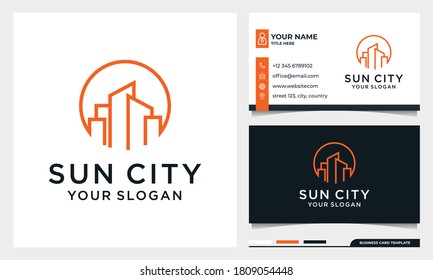 Sun with line art Building Logo Design, Moon City, Real estate, architecture Vector with business card template