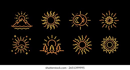 Sun Line Art Icons Set with Celestial and Nature Elements on Black Background

