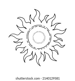 Sun line art. Star of the solar system. Hot lighting. Summer symbol. Heavenly body. Cosmic matter of the galaxy. Astronomy. Magic symbol of happiness. Hand drawn vector doodle illustration.