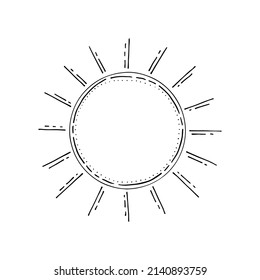 Sun line art. Star of the solar system. Hot lighting. Summer symbol. Heavenly body. Cosmic matter of the galaxy. Astronomy. Magic symbol of happiness. Hand drawn vector doodle illustration.