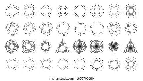 Sun Line Burst In Circle, Vintage Light Rays, Vector Abstract Star Shine In Geometric Shapes. Sun Line Sunburst Or Starburst, Sunshine And Firework Sparkles, Radial Linear Doodle Art Sparks