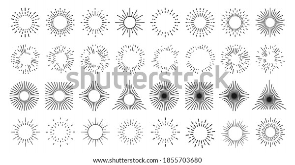 Sun line burst in circle, vintage light rays,\
vector abstract star shine in geometric shapes. Sun line sunburst\
or starburst, sunshine and firework sparkles, radial linear doodle\
art sparks