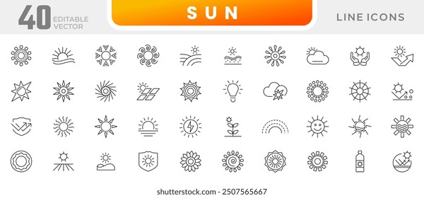 Colección de icono de línea de sol. Sol, rayos, salida del sol, sol, puesta del sol, explosión, Clima y conjunto de iconos de energía. Paquete de iconos de esquema de interfaz de usuario