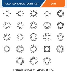 Conjunto de iconos de línea de sol. colección de iconos de explosión de sol con trazo editable.