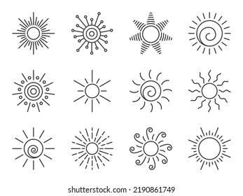 Sun line icon set. Various shape sunshine star. Cartoon summer sunlight nature sky. Simple graphic solar circle sign. Sunny heat rays weather app symbol. Logotype sunrise sunset isolated on white.