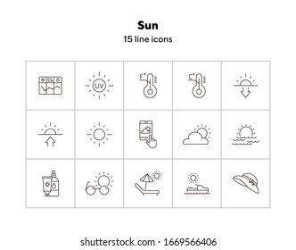 Sun line icon set. Weather, sunscreen, forecast. Vacation concept. Can be used for topics like resort, protection, sunbathing