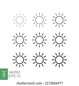 Icono de línea solar. Estilo de contorno simple. Brillante, cálido, web, pictograma, luz solar, calor, símbolo, concepto meteorológico. Ilustración vectorial aislada en fondo blanco. EPS 10