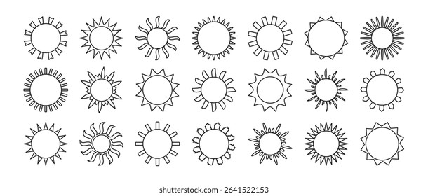 Sun line icon, summer ray outline design, sunrise circle sign. Light shine draw doodle, black simple shape morning burst collection isolated on white background. Glow star. Weather vector illustration