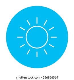 Sun line icon for web, mobile and infographics. Vector white icon on the light blue circle isolated on white background.