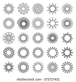 Sun line icons. Black thin line sun symbols on white background. Vector illustration