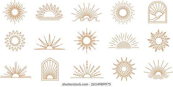 Sun line icons. Geometric boho sun, minimalist linear sunrise and sunset outline emblems. Bohemian sunbeam emblem elements with rays, arch and wave shapes vector set with editable stroke paths.