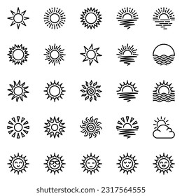 conjunto de iconos de la línea de sol. brillo, luz, luz solar, sol, calor, calor, contorno, clima, resplandor, bronceado, amanecer, redondo, gráfico, luz solar, simple, quemadura solar