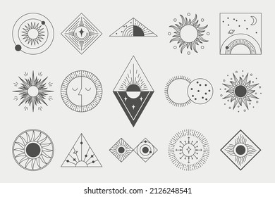 Sun line logo. Abstract minimalistic emblems with mystic celestial Sun and Moon elements. Vector set