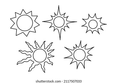 Iconos vectoriales de línea solar. Sol natural en estilo lineal, ilustración de la puesta de sol caliente del tiempo