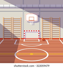 Sun lit school or university gym hall with soccer goal and basketball hoop. Flat style vector illustration.