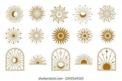 Logo de Sun. Boho logotipo elementos dorados, colección de iconos de yoga, luna celeste y puesta de sol, ojo zodiaco místico y arco iris. Ilustración bohemiana mínima de línea vectorial