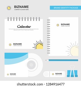 Sun Logo, Calendar Template, CD Cover, Diary and USB Brand Stationary Package Design Vector Template