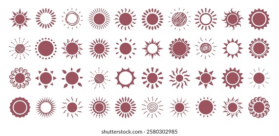 Sun logo clipart set. Sun silhouette  icon and symbol clip art with doodle and hand drawn sunrays vector illustration sunny day drawing collection.
