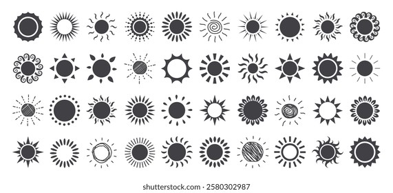 Sun logo clipart set. Yellow sun icon and symbol clip art with doodle and hand drawn sunrays vector illustration sunny day drawing collection.
