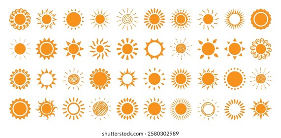 Sun logo clipart set. Yellow sun icon and symbol clip art with doodle and drawing sunrays vector illustration sunny day collection.
