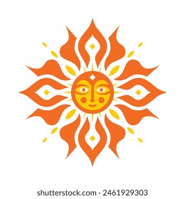 Ilustración vectorial de concepto de logotipo Sun. Icono de Sunshine. Símbolo de vacaciones de verano. Estilo plano minimalista. Elemento de diseño de ornamento étnico. Diseño gráfico.