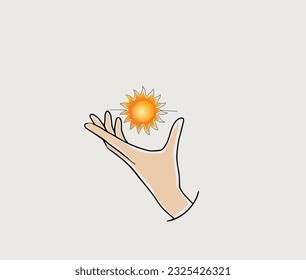diseño del logo de sun en la mano del hombre. diseño del logotipo en llamas.Resumen del logotipo de Sun. Icono dorado del sol con rayas geométricas del espacio negativo de la explosión del sol aisladas en un fondo negro. 